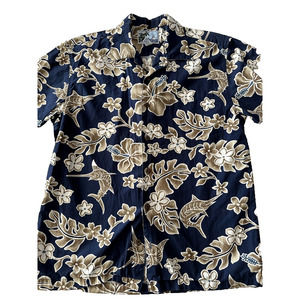 AFTCO Blue Water Button Down Medium Shirt Hawaiian Navy Blue w/Tan Floral/Marlin